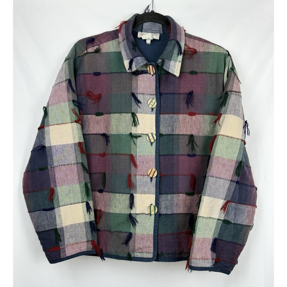 Vtg 90s New Directions Plaid Tufted Yarn Tassel Jacket Lg 100% Cotton Artsy Boho